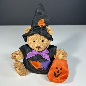 Halloween Teddy Bear Figurine In Trick Or Treat Costume Witch Hat ~ 6" Tall